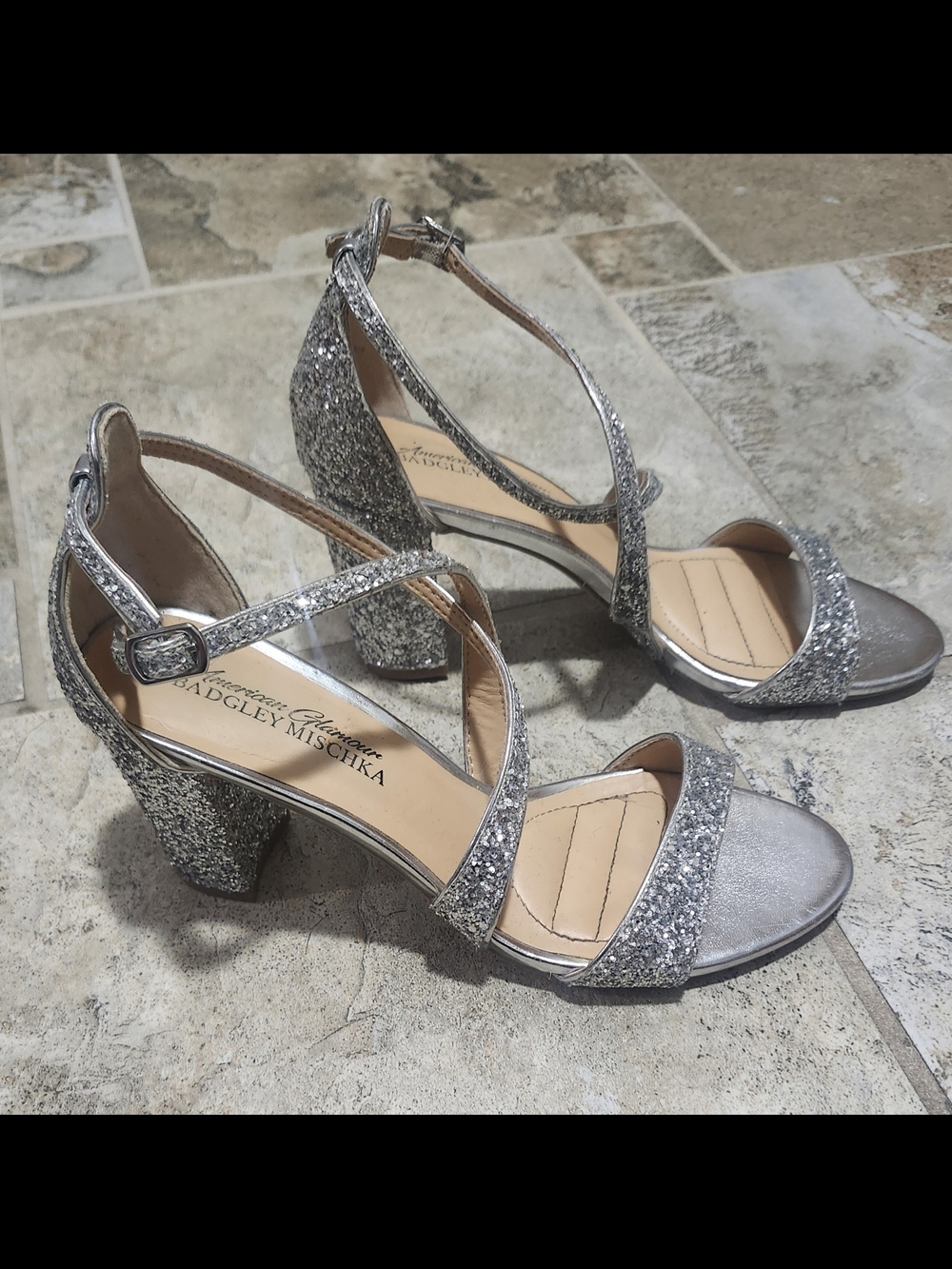 Badgley Mischka Silver Glitter Cross-Strap Block Heel Sandals